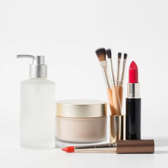 Serum bottle, cream jar, brushes and lipstick sourced from China