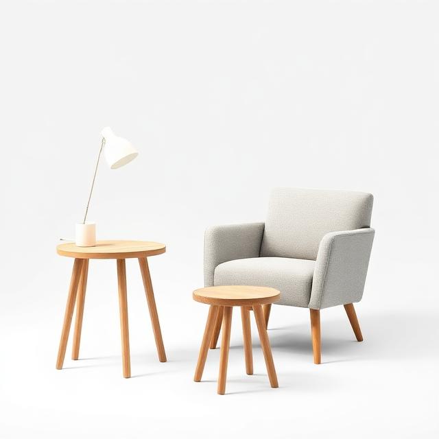 Side table, upholstered armchair and stool sourced from China