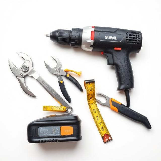 Cordless drill, spanner, pliers and tape measure sourced from China