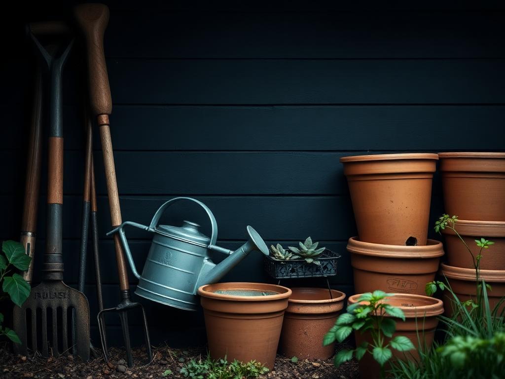 Garden tools, watering can and terracotta pots