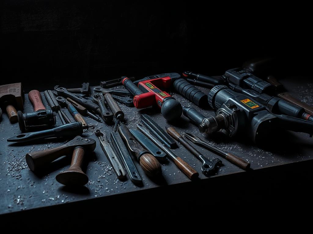 Hand tools and power tools on a workshop bench