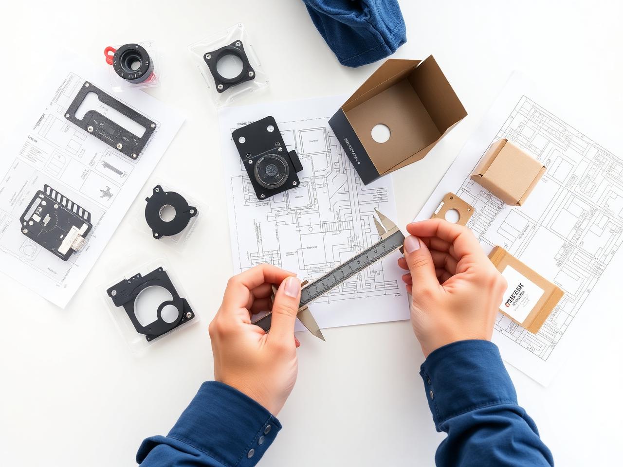 Product samples, technical drawings and custom packaging mockups being inspected