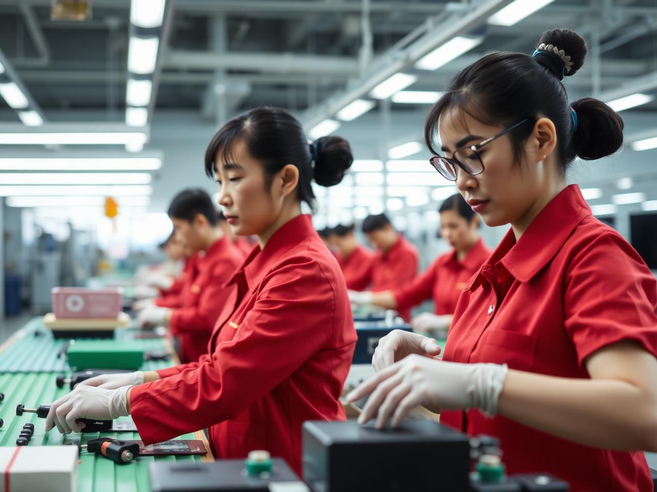 Workers assembling products on a modern Chinese production line