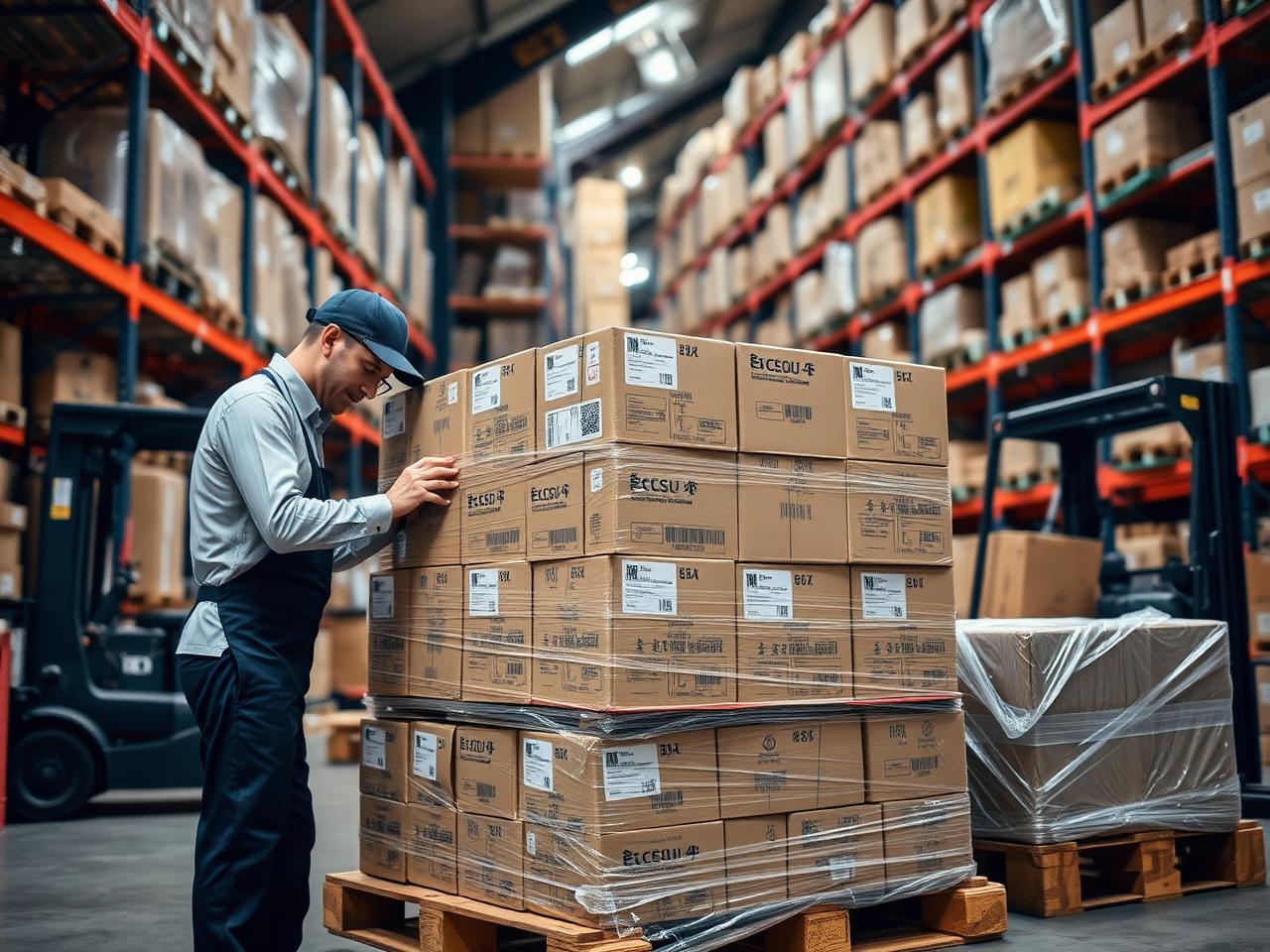 Warehouse staff consolidating cartons from several suppliers onto one pallet