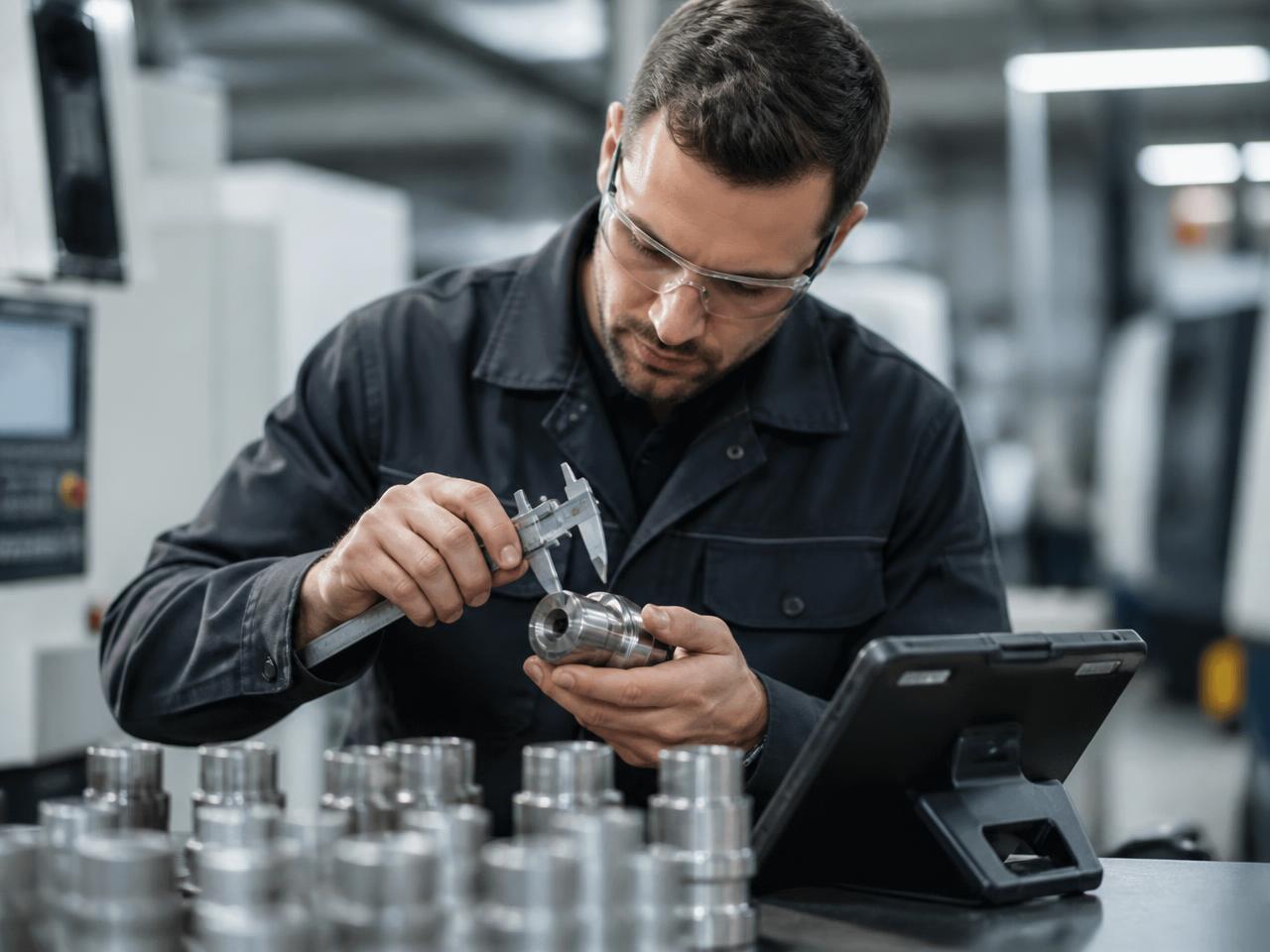 Inspector measuring a component during a pre-shipment quality inspection